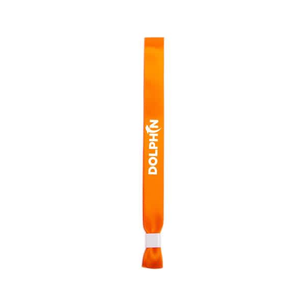 An orange fabric wristband featuring a logo, designed for events and exhibitions. Custom Fabric Wristband - Image 1