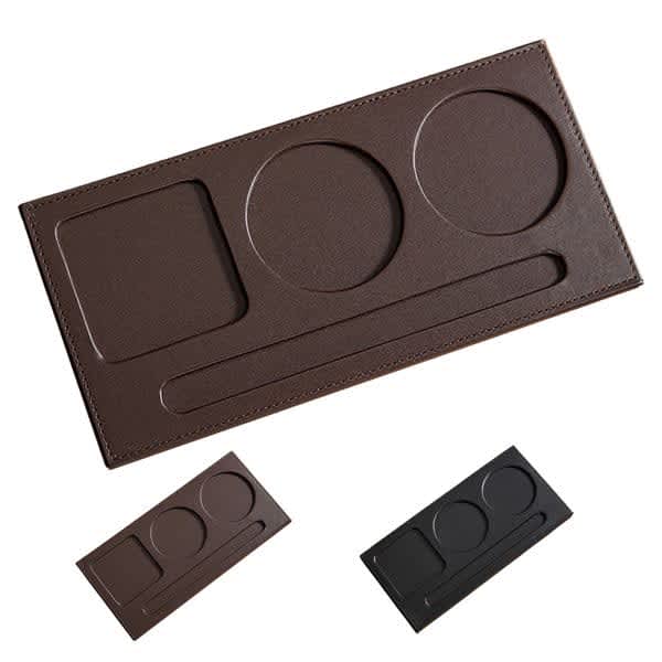 A PU leather coaster set in dark brown with two circular sections, a square slot, and a pen holder. PU Leather Cup Coaster With Pen Slot - Image 1