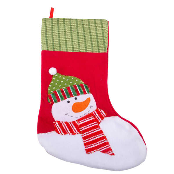 A red Christmas stocking featuring a snowman with a green and red hat and a striped scarf. Promotional Christmas Stocking - Image 1