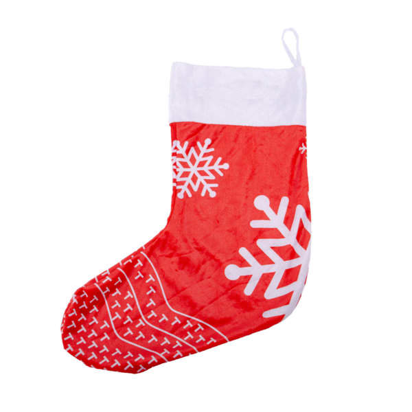A red decorative Christmas stocking with white snowflake patterns, featuring a loop for hanging. Polyester Christmas Decorative Stocking - Image 1
