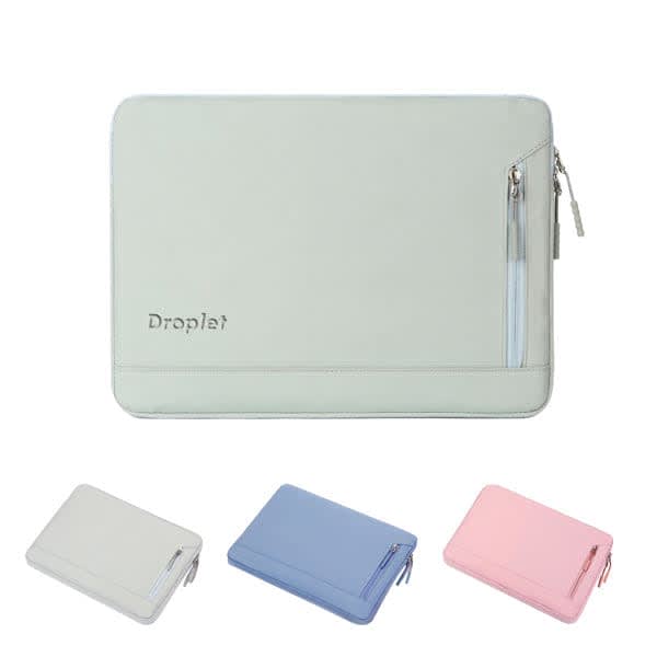 A light green custom Oxford laptop pocket sleeve with a zippered pocket, alongside pink, blue, and cream variants. Custom Oxford Laptop Pocket Sleeve - Image 1