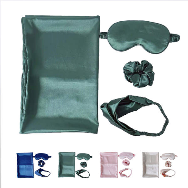 A green satin pillowcase, eye mask, hairband, and scrunchie set, available in various colours. Pillowcase Eye Mask Hairband Sleeping Gift Set - Image 1
