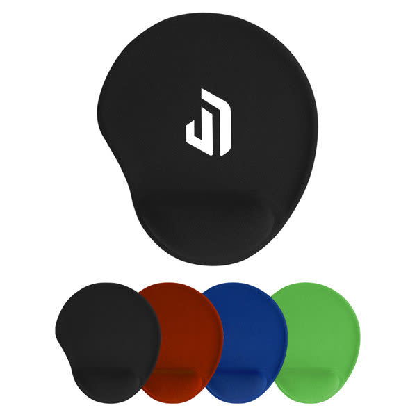 A black mouse pad with a wrist rest, accompanied by red, blue, and green versions. Features a logo on the black pad. Promotional Mouse Pad With Wrist Rest - Image 1