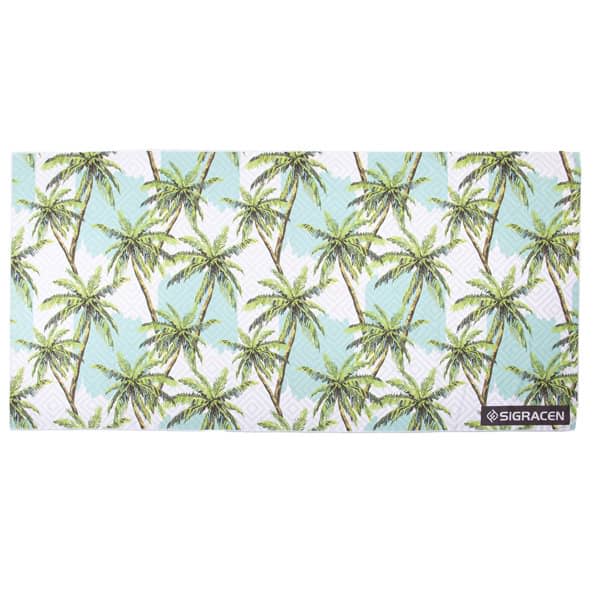 A double-sided beach towel featuring a pattern of palm trees on a light blue background, accompanied by a pouch. Double Side Print Beach Towel With Pouch - Image 1