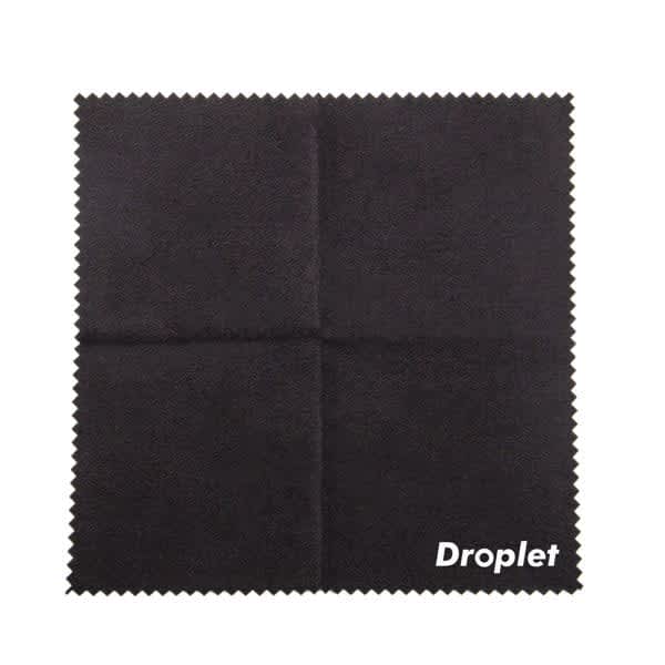 A black microfiber cleaning cloth with a crescent edge, featuring a logo in the corner. Microfiber Crescent Edge Glasses Cloth - Image 1
