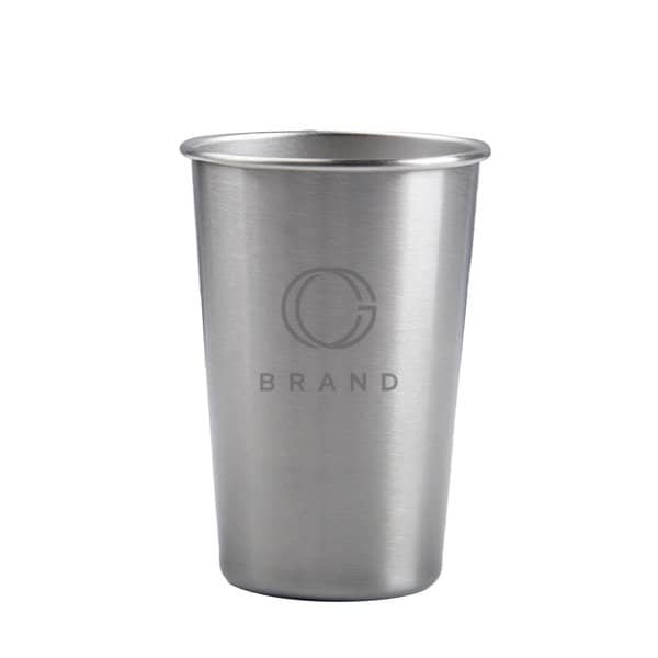 A stainless steel pint cup with a brushed finish and a logo. Holds 10 oz. Ideal for various beverages. Custom Printed 10 oz. Stainless Steel Pint Cup - Image 1