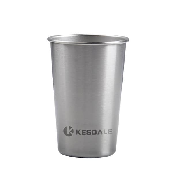 A stainless steel pint cup featuring a logo, with a polished silver finish. Ideal for various beverages. 16 oz. Stainless Steel Pint Cup - Image 1