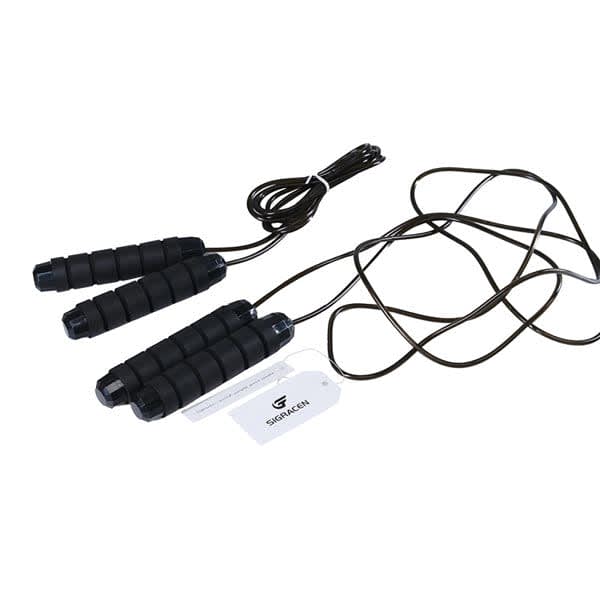 An adjustable PVC jump rope with black foam grips and a black cord, featuring a logo on one handle. Adjustable PVC Jump Rope - Image 1