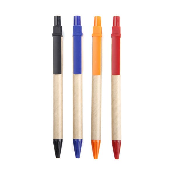 Four eco-friendly retractable ballpoint pens in black, blue, orange, and red, featuring a kraft paper barrel and a logo. Eco Friendly Retractable Paper Ballpoint Pen - Image 1