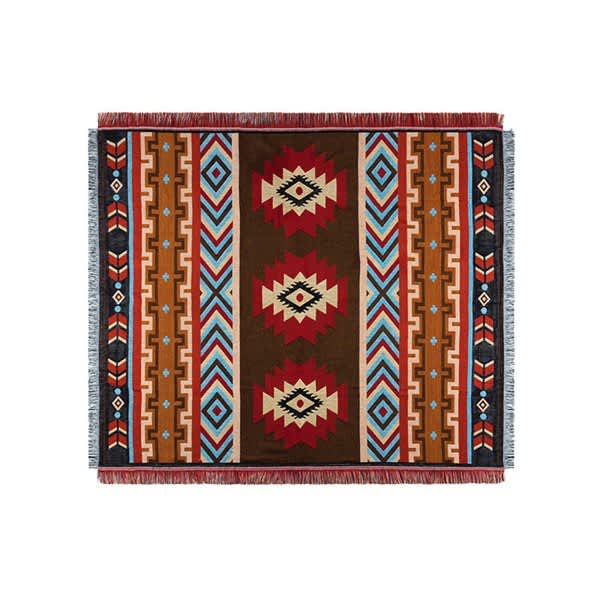 A patterned knitted throw blanket featuring earthy tones of brown, red, blue, and cream, with tassel edges. Bohemia Knitted Throw Blanket With Tassel - Image 1