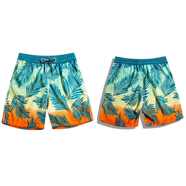 Men's quick dry beach pants with a blue and orange palm leaf design, featuring an elastic waistband and drawstring. Men's Quick Dry Beach Pants - Image 1