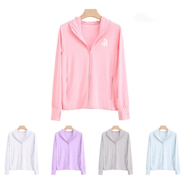 A pink zip-up jacket with a hood, accompanied by grey, purple, white, and light blue variations. Contains a logo. Ice Silk Sunscreen Clothing - Image 1