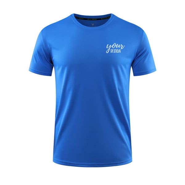 A blue customizable sports quick dry t-shirt featuring a logo on the chest area. Customizable Sports Quick Dry T Shirt - Image 1