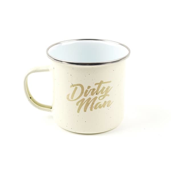 A cream enamel mug with a silver rim and a light blue interior, featuring a logo. Colored 17 oz. Enamel Mug With Silver Rim - Image 1