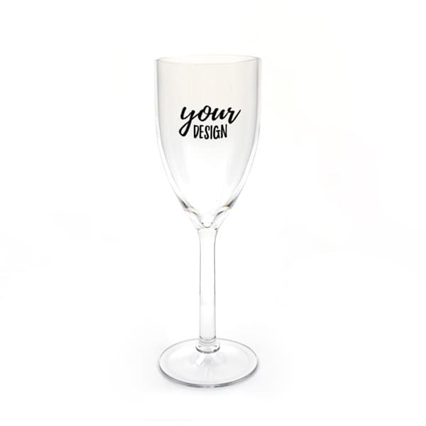 A clear plastic champagne glass with a long stem, featuring space for custom design or text. 8 oz. AS Plastic Clear Champagne Glass - Image 1