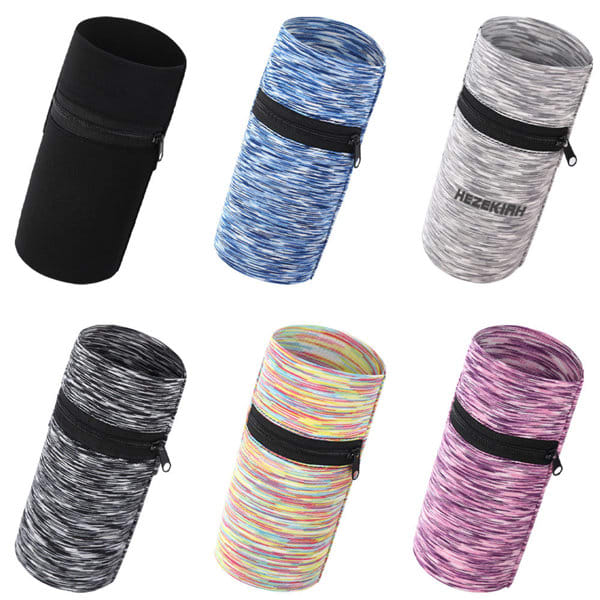 A collection of six sports zipper wrist pouches in black, blue, grey, multicoloured, and pink, featuring zippers and branding. Sports Zipper Wrist Pouch - Image 1