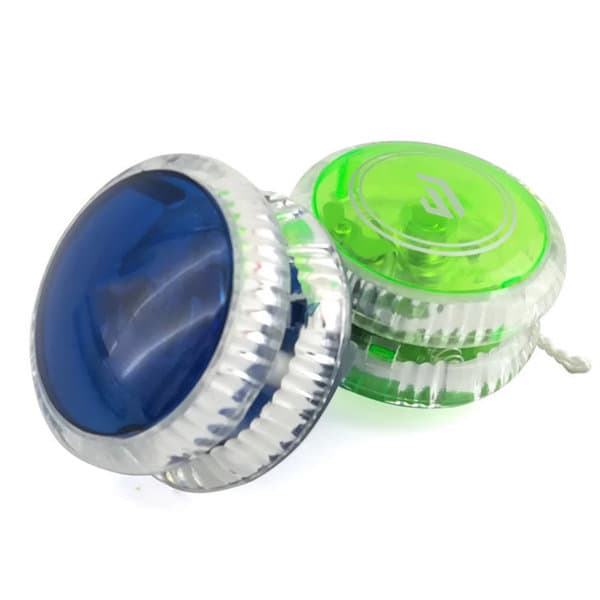 A custom light-up yo-yo in blue and green, featuring a clear casing and a logo on the surface. Custom Light Up Yo-Yo - Image 1