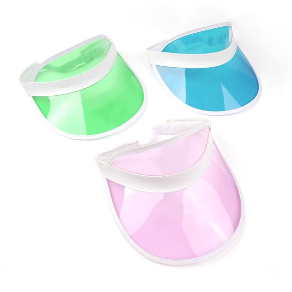 A collection of PVC sun visor hats in green, blue, and pink, each featuring a white band and a logo. PVC Sun Visor Hat - Image 1