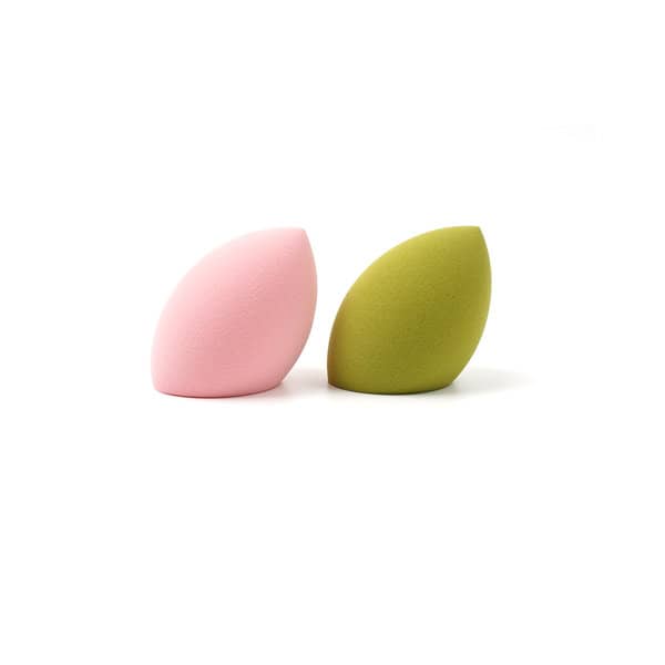 A pink and a green beauty sponge in a miter cut shape, designed for makeup application. Promo Miter Cut Beauty Sponge - Image 1