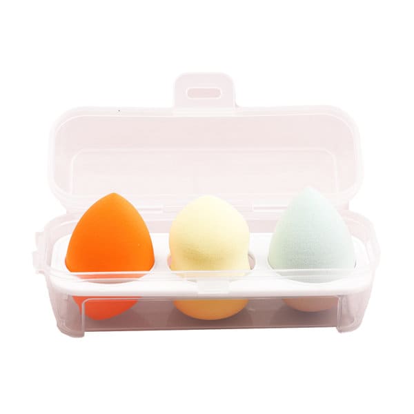 Three beauty eggs in orange, yellow, and green colours inside a clear case. The case has a secure lid. 3Pcs Beauty Egg With Case - Image 1