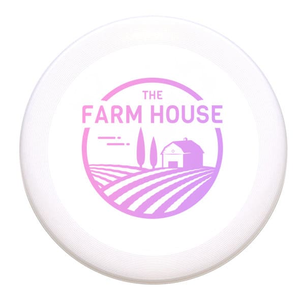A white frisbee featuring a pink logo with farm-themed graphics and text. Suitable for outdoor fun and games. Outdoor Adult Frisbee - Image 1
