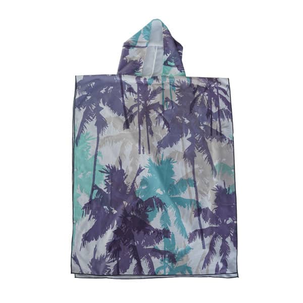 A hooded surf poncho towel with a tropical palm tree design in shades of purple, mint, and grey. It features a logo. Adult Hooded Surf Poncho Towel - Image 1