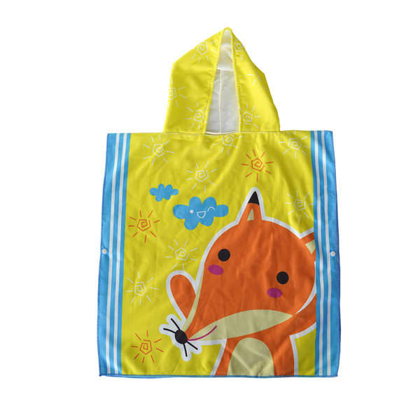 A yellow microfiber hooded towel featuring an orange fox design and bright blue accents. It has a hood and playful graphics. Kids Microfiber Hooded Towel - Image 1