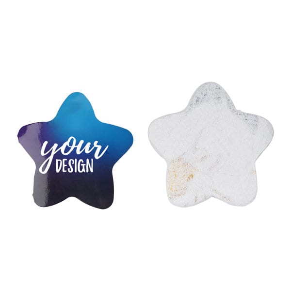 A star-shaped compressed towel in gradient blue and white, featuring a space for custom design on one side. Custom Cotton Compressed Towel - Image 1
