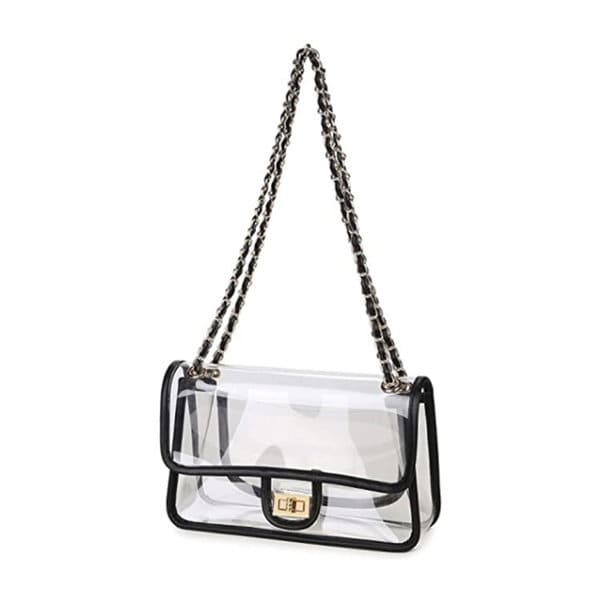 A clear crossbody purse with a black trim and chain strap, featuring a clasp closure. Clear Crossbody Purse With Chain - Image 1