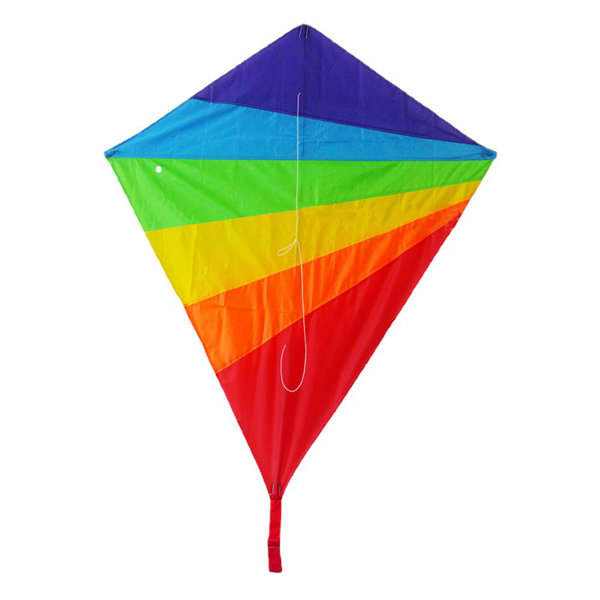 A colourful diamond-shaped kite featuring purple, blue, green, yellow, orange, and red sections with a string. Rainbow Diamond Kite - Image 1