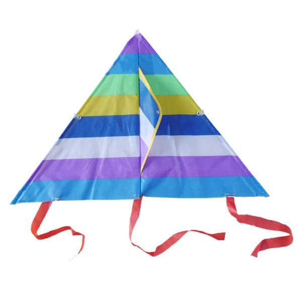 A small, colourful triangle kite featuring stripes in blue, green, yellow, and purple with red tails. Small Colorful Triangle Kite For Children - Image 1