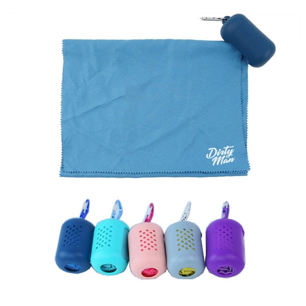 A blue microfiber quick dry towel with a silicone case, featuring various coloured cases underneath. Microfiber Quick Dry Towel With Silicone Case - Image 1