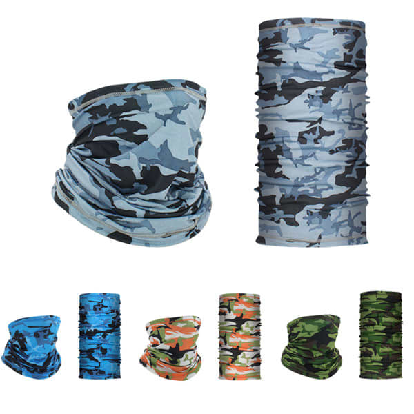 A multi-patterned Sunscreen Ice Silk Cycling Bandana in blue, grey, orange, and green camouflage designs. Includes branding. Sunscreen Ice Silk Cycling Bandana - Image 1