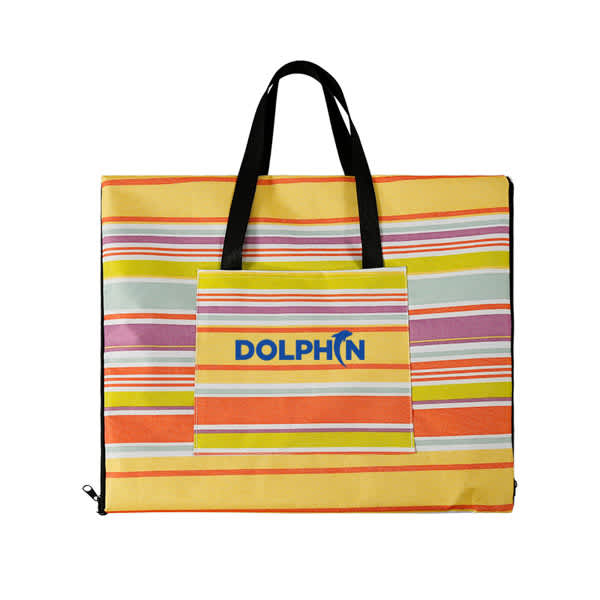 A colourful picnic blanket tote featuring stripes in yellow, pink, blue, and orange, with a black handle and branding. Outdoor Picnic Blanket Tote - Image 1