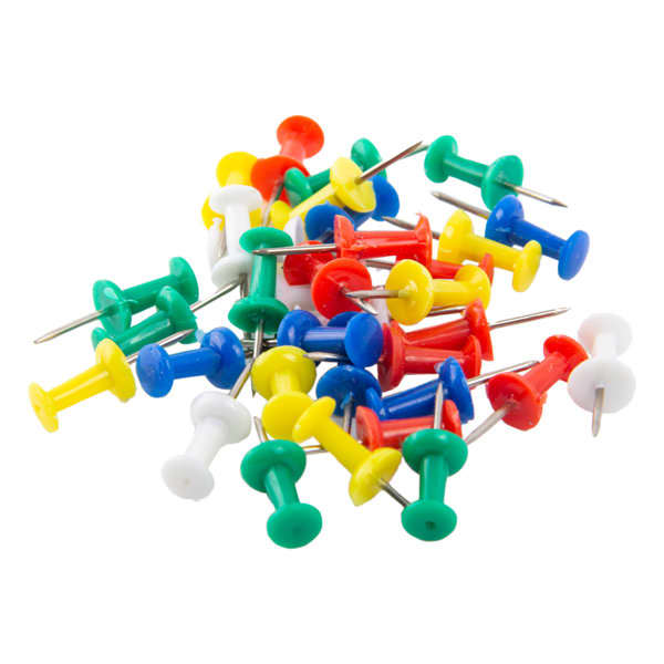 A collection of push pins in red, yellow, green, blue, and white, featuring a mix of straight pins. Plastic Color Push Pins - Image 1