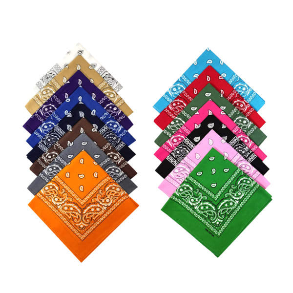 A collection of square bandannas in various colours including orange, green, pink, blue, and yellow, featuring decorative patterns. Square Hip Hop Cycling Handkerchief - Image 1