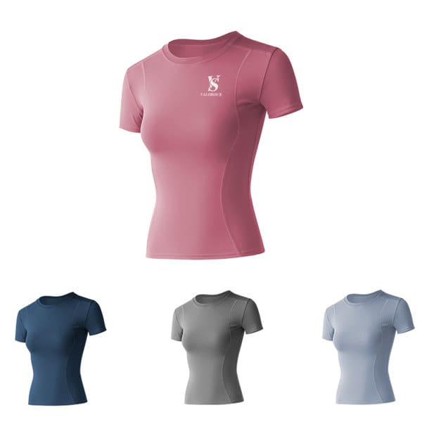 A women's slim crewneck yoga short sleeve shirt in pink, with options in navy, grey, and light blue, featuring a logo. Women's Slim Crewneck Yoga Short Sleeve Shirt - Image 1