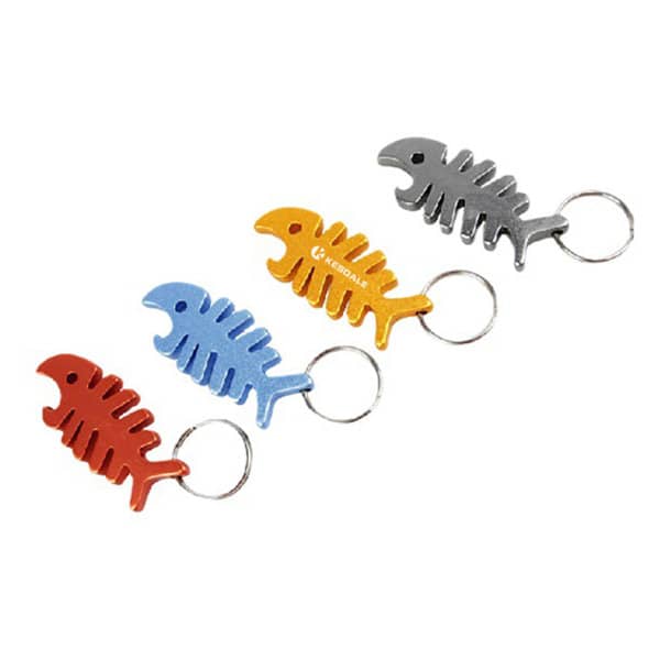 A drink bottle opener keychain set featuring four fishbone designs in red, blue, orange, and grey. Each includes a keyring. Custom Fishbone Bottle Opener Keychain - Image 1