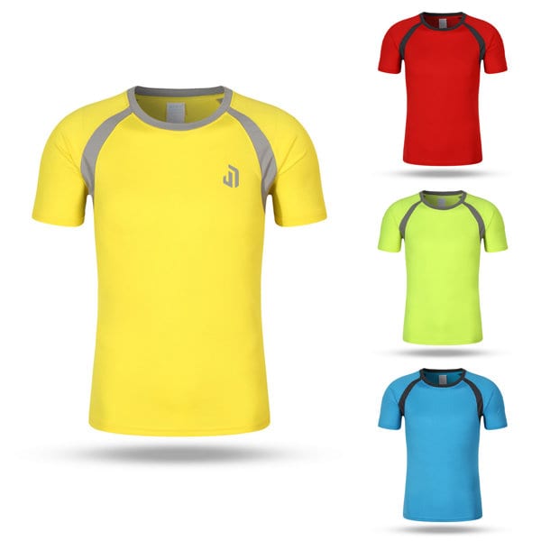 A collection of men's sport quick dry T-shirts in yellow, red, lime green, and blue, featuring contrasting shoulder details and a logo. Men Sport Quick Dry T Shirt - Image 1