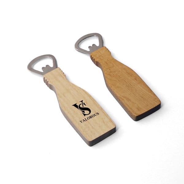 A drink bottle opener with a wooden handle and metal cap lifter, featuring a logo on one side. Wooden Handle Bottle Opener - Image 1