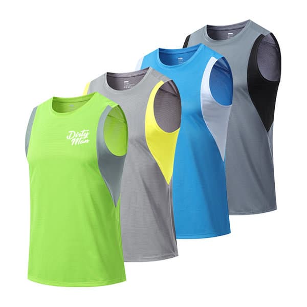 A collection of four men's quick dry sport sleeveless vests in green, grey, blue, and black with a logo. Men's Quick Dry Sport Sleeveless Vest - Image 1