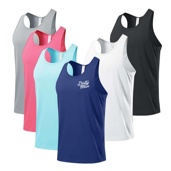 A selection of men's sleeveless breathable vests in grey, pink, light blue, white, and navy blue, featuring a logo. Men's Gym Sleeveless Breathable Vest - Image 1