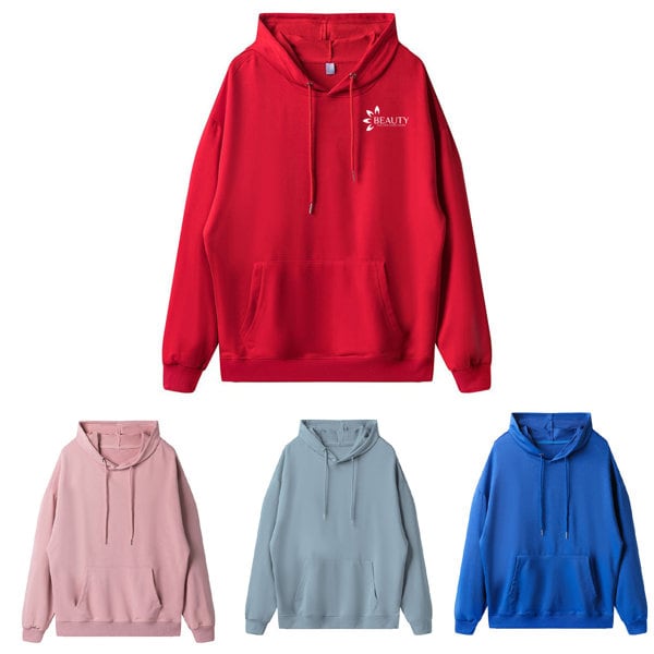 A red hooded sweatshirt with a front pocket and a logo, accompanied by pink, light blue, and blue versions. 480G Fleece Hooded Sweatshirt - Image 1