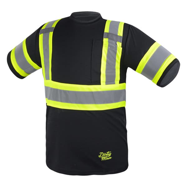 A reflective safety short sleeve t-shirt in black, featuring yellow reflective stripes and a pocket. It has a logo on the back. Reflective Safety Short Sleeve T-Shirt - Image 1