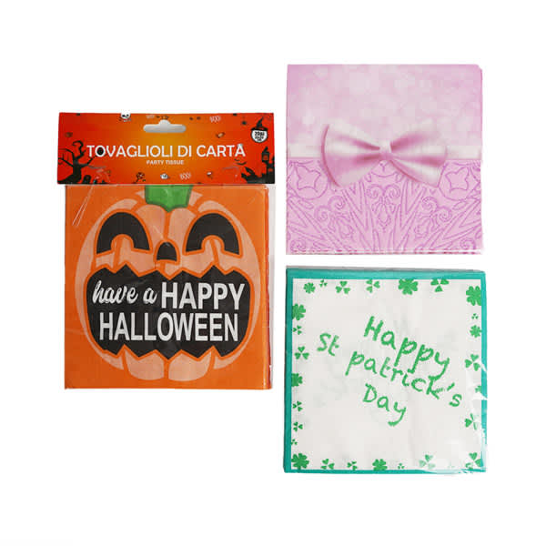 Three sets of custom 2 ply beverage napkins: orange Halloween, pink with a bow, and white with green St. Patrick's Day print. Custom 2 Ply Beverage Napkins - Image 1