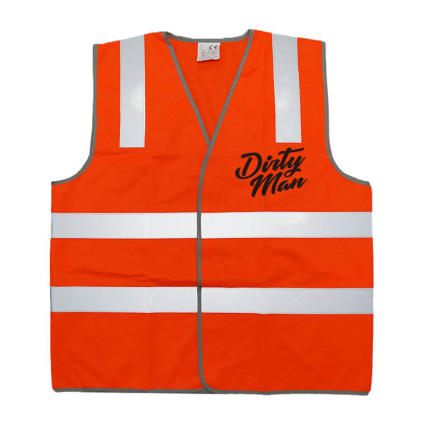 An orange reflective safety vest featuring grey trim and a logo. It has vertical and horizontal white reflective stripes. Reflective Safety Vest - Image 1
