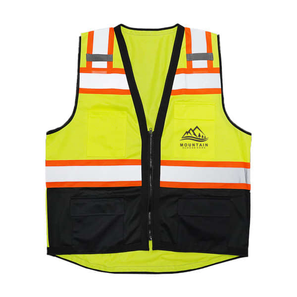 A safety reflective vest in bright yellow with orange and silver reflective strips, featuring pockets and a logo. Safety Reflective Vest - Image 1