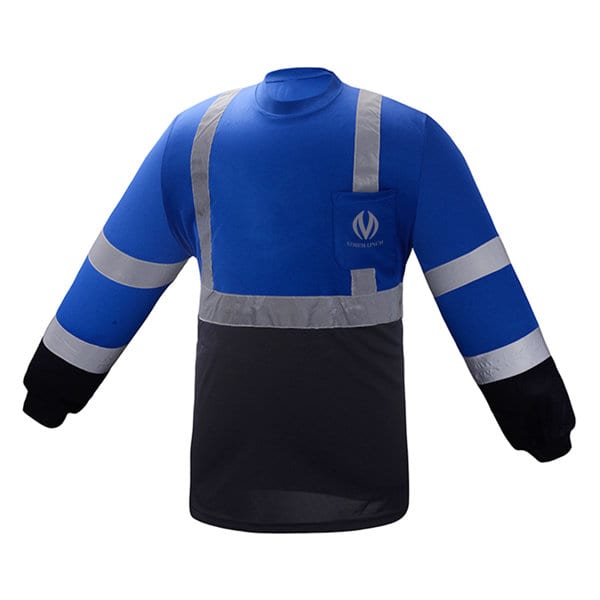 A reflective long sleeve safety jacket in blue and black, featuring reflective stripes and a pocket. It has a logo. Reflective Long Sleeve Safety Jacket - Image 1