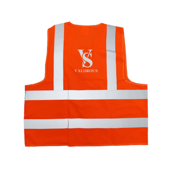 A high visibility safety vest in bright orange with reflective stripes and a logo on the back. High Visibility Safety Vest - Image 1