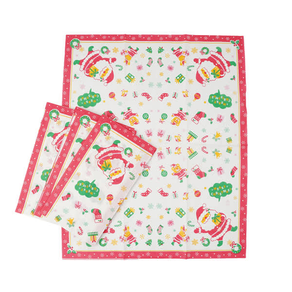 Custom 2 ply dinner paper napkins featuring festive Christmas designs in red, green, and white, with Santa and decorations. Custom 2 Ply Dinner Paper Napkins - Image 1